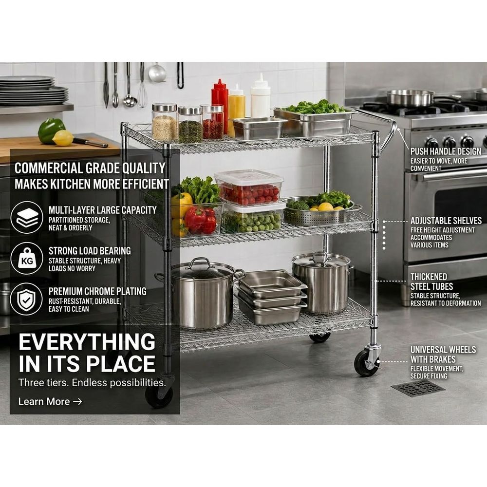 Heavy Duty 3 Tier Rolling Util - огляд і ціна Commercial Kitchen On Wheels